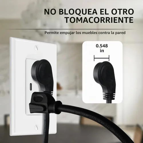 Vista 5 de EP Paquete de 3 cables de extensión de enchufe plano de 1 pie, cable de extensión de perfil bajo negro de 16 AWG de 3 clavijas para interiores