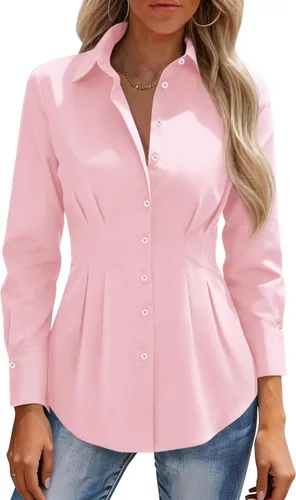 Vista 16 de siliteelon Camisas con botones para mujer, cintura ceñida, camisa de vestir de algodón de manga larga para negocios, casual, trabajo, oficina