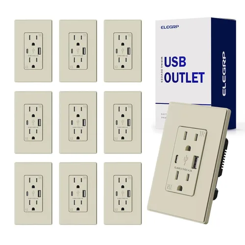Vista 50 de ELEGRP Cargador USB de pared, receptáculo USB con puertos USB tipo A y tipo C, enchufe dúplex de 15 amperios resistente a manipulaciones NEMA 5-15R