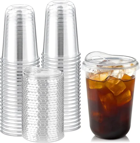 Vista 10 de Tazas de plástico transparentes con fondo redondo y tapas con orificio, 25 juegos, tazas de café helado desechables de 16 oz con tapas sin pajita