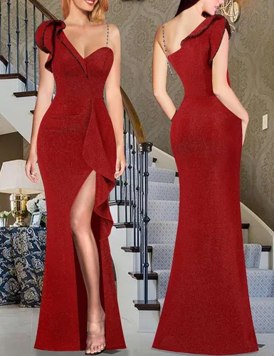Vista 2 de VFSHOW Vestido largo de fiesta formal con volantes y tirantes para el hombro, para mujer, vestido largo sexy con cuello en V dividido para cóctel