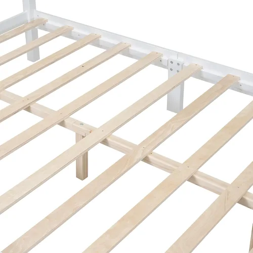 Vista 6 de SOFTSEA Base de cama tamaño Queen con cabecero alto y estribo, cama de plataforma clásica con listones de madera