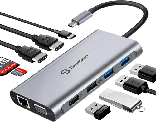 Vista 10 de UtechSmart Estación de Acoplamiento para Laptop con Triple Monitor USB-C - Muelle de 11-en-1 con 2 HDMI, VGA, PD3.0, Ranura para Tarjeta SD/TF, 4