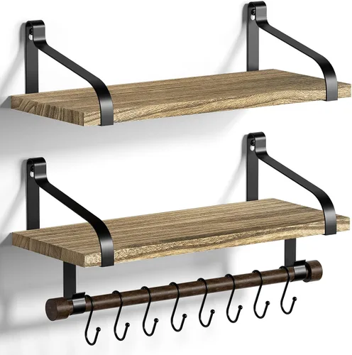 Vista 9 de Love-KANKEI Estantes flotantes para barra de café, estantes de baño con toallero, estantes de pared con 8 ganchos para cocina, juego de 2 estantes