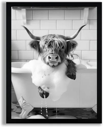 Vista 18 de SYWENNOI Arte de Pared en Lienzo Enmarcado en Blanco y Negro para Baño, Divertido Gato Negro Sentado en el Inodoro Leyendo Periódico Decoración