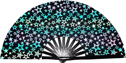 Vista 6 de Ventilador grande para rave para mujeres/hombres, ventilador de mano reflectante con ventilador de mano de bambú y tela de nailon, para actuación