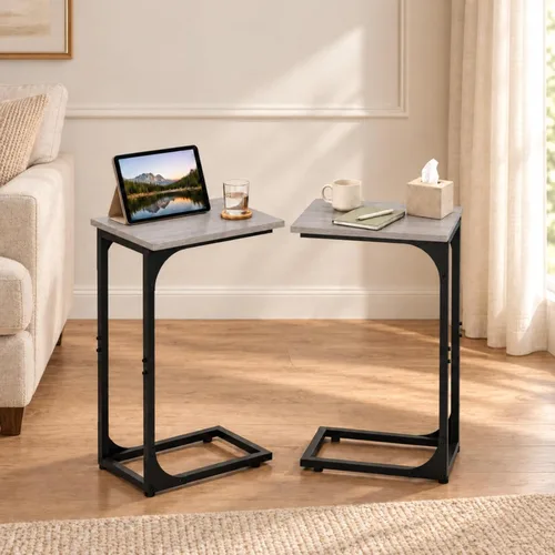 Vista 10 de Mesa auxiliar en forma de C para sofá, soporte de café pequeño, bandeja de sofá con marco de metal, parte superior de madera impermeable resistente