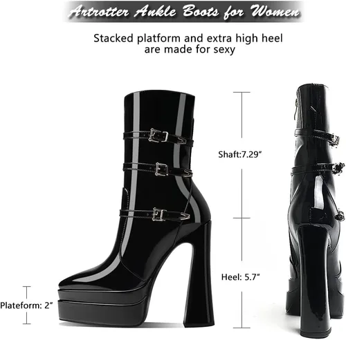 Vista 4 de Artrotter Botas de plataforma puntiaguda para mujer, botas de combate de tacón alto con cremallera de tamaño, botines de plataforma doble apilada