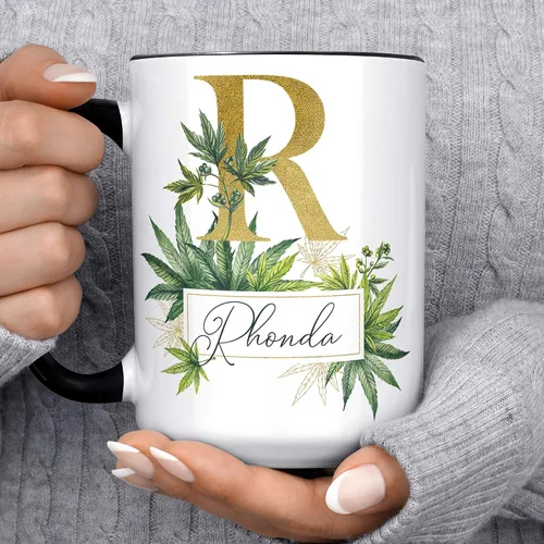 Vista 4 de Taza de café de cerámica personalizada con inicial botánica y nombre, 11 o 15 onzas