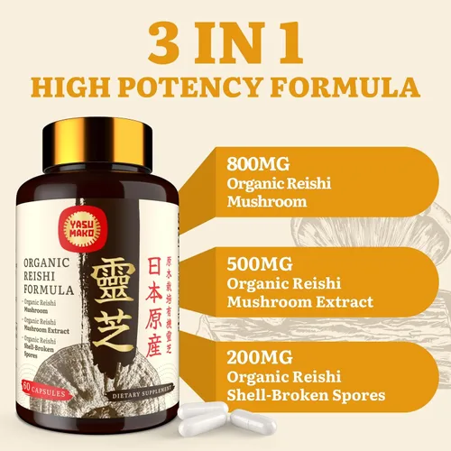 Vista 3 de Suplemento japonés de hongos Reishi de 800 mg con extracto de hongo Reishi 500 mg y esporas rotas de cáscara de 200 mg, cápsulas orgánicas de hongos