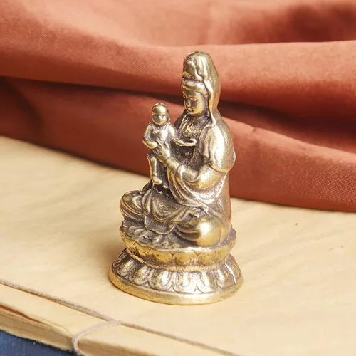 Vista 6 de Estatua de latón macizo Guan Yin Abrazo Bebé Metal Arte Diosa Estatua Religiosa Inspiradora Feng Shui Estatua de Buda Kwan Yin Meditación Pacífica