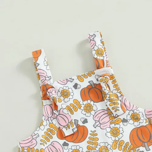 Vista 4 de Mameluco de Halloween para bebé niña con estampado de calabaza, tirantes delgados, volantes, traje de otoño de una pieza con pantalón acampanado