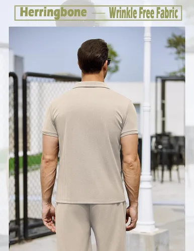 Vista 4 de COOFANDY Conjunto de 2 piezas de camisa polo y traje corto para hombre con cremallera de un cuarto para verano