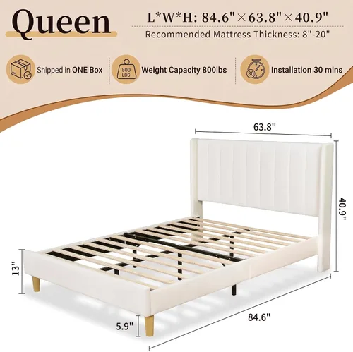 Vista 2 de Cama de plataforma tapizada de terciopelo Queen con cabecera con respaldo de alas, color crema Canal vertical acolchonado, listones de madera
