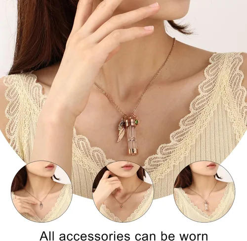 Vista 5 de MeMeDIY Collar de urna para hombre, de acero inoxidable, colgante conmemorativo de reloj de arena con ala de ángel, piedra natal redonda, recuerdo