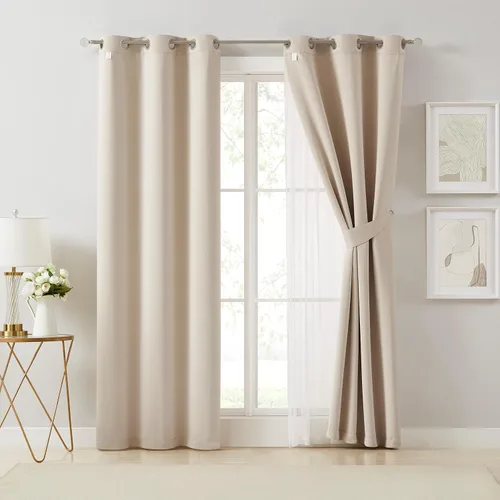 Vista 7 de Bujasso Cortinas 80% Opacas Beige con Superposición de Gasa Mezcla y Combinación Paneles de Ventana con Aislamiento Térmico de Doble Capa de 63