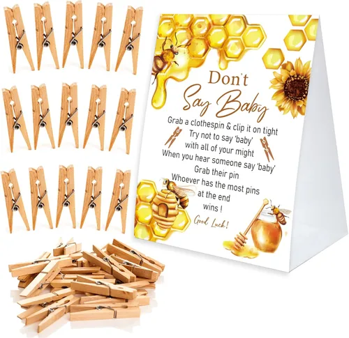 Vista 16 de Juego de pinzas para la ropa de baby shower, un cartel de papel recubierto de 5 x 7 pulgadas y 50 pinzas naturales para la ropa, baby shower