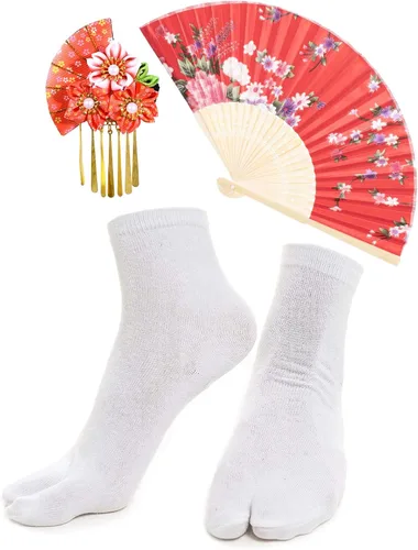 Vista 6 de Elibelle Kimono para mujer Geisha Yukata Sweet Tuxedo Ruffle Dress Blossom Satin Bathrobe Sleep Fan Tabi Socks Set