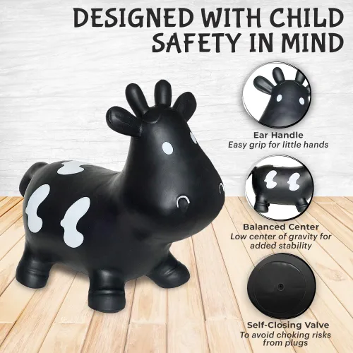 Vista 4 de Juguete inflable de vaca negra para niños pequeños con bomba