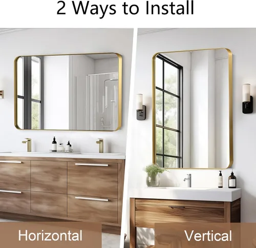 Vista 7 de Espejo de baño dorado de 24 x 36 pulgadas, espejo rectangular con marco de metal cepillado con esquina redondeada, espejo de tocador de baño dorado