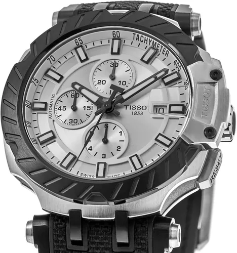 Vista 4 de Tissot T-Race - Caja de acero inoxidable 316L para hombre con revestimiento PVD negro, reloj cronógrafo suizo Tissot automático, negro, caucho, 22