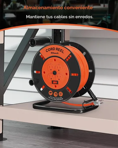 Vista 8 de Carrete de almacenamiento de cable de extensión con 4 tomas con conexión a tierra, carrete de cable abierto resistente para cable de alimentación