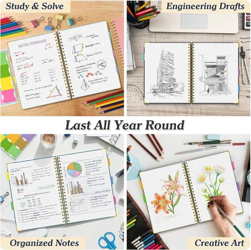 Vista 6 de Cuaderno de papel cuadriculado, cuaderno de cuadrícula en espiral de 8.5" X 11", diario de cuero de tapa dura de 300 páginas, cuaderno de papel