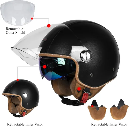 Vista 5 de Cascos de cara abierta para motocicleta, aprobados por el DOT, 3/4, casco para motoneta con visera dual, hebilla de liberación rápida, cascos