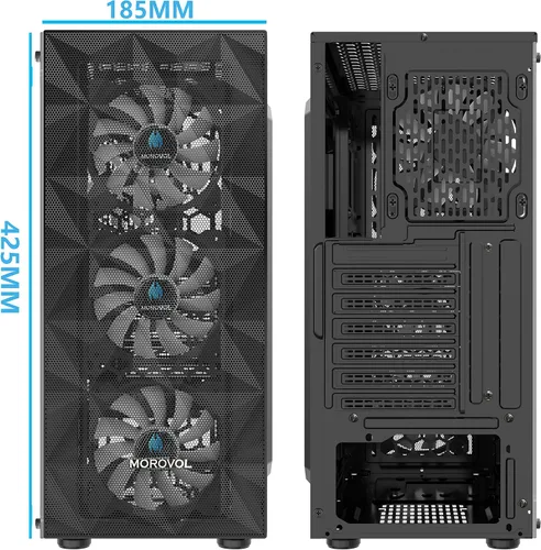Vista 8 de MOROVOL Carcasa para PC con 4 ventiladores RGB preinstalados, carcasa de computadora ATX para juegos con malla frontal en forma de diamante y panel