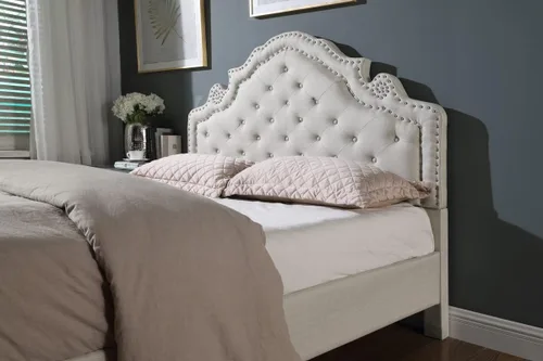 Vista 4 de Base de cama de plataforma tapizada King con cabecera de 51 pulgadas de alto, cama de tela con botones - Soporte de listones de madera con espacio