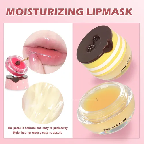 Vista 6 de 2 piezas de mascarilla labial de miel de abeja, mascarilla labial de miel y fresa, bálsamo labial de propóleo hidratante con palo - Exfoliante