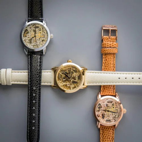 Vista 7 de Akribos XXIV Reloj automático de esqueleto para mujer - Reloj de pulsera de acero inoxidable y correa de cuero - AK431