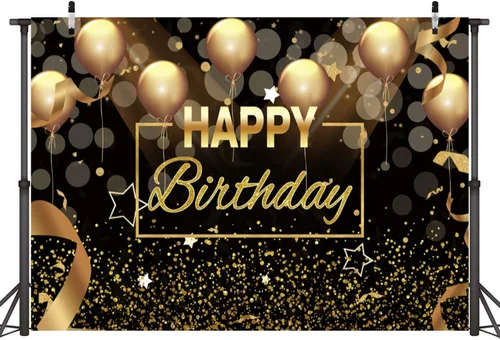 Vista 2 de Sensfun Cartel de fondo de fiesta de feliz cumpleaños, globos negros y dorados con purpurina Bokeh para hombres y mujeres, fondo de fotografía