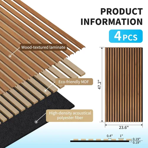 Vista 5 de Art3d Panel de pared con diseño de listones de madera acústica de 47 x 23.6 Castaño