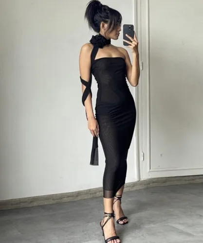 Vista 5 de Vestido de tubo sexy con volantes para mujer, vestido halter sin tirantes, con borlas florales irregulares