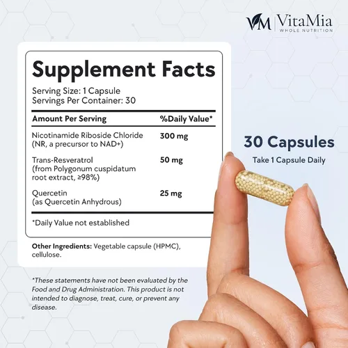 Vista 7 de VitaMia NAD+ Complex Booster, 30 cápsulas - Suplemento NAD con ribósido de nicotinamida, resveratrol y quercetina para energía celular