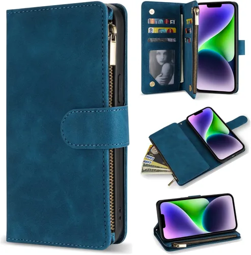 Vista 23 de ZZXX Funda tipo cartera para iPhone 14 Plus con [Bloqueo RFID] Ranura para tarjetas Cuero PU suave premium con cremallera tipo folio plegable