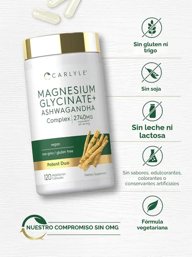 Vista 5 de Carlyle Glicinato de Magnesio con Ashwagandha 120 Cápsulas Vegetarianas