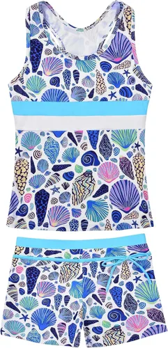 Vista 18 de JerrisApparel Traje de baño de dos piezas para niñas de verano con boyshort, diseño de tankini estrella de mar aqua