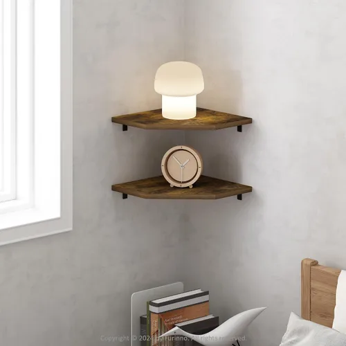 Vista 2 de Furinno Rossi - Estantes flotantes hexagonales para pared, juego de 2 estantes geométricos de esquina, estantes montados en la pared para baño, Pino