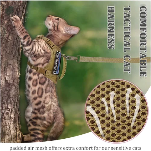Vista 9 de Arnés táctico para gato y correa para caminar a prueba de esacpe, chaleco grande de malla suave ajustable para gatos con mango de goma fácil