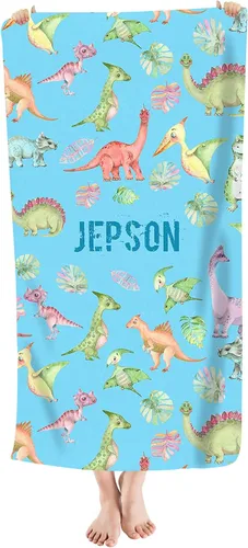 Vista 14 de Toalla de playa personalizada de dinosaurio para niños, bebés, niños y niñas con nombre de 30 x 56 pulgadas, toalla de baño con nombre personalizado