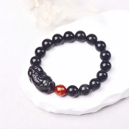 Vista 11 de Pulsera de obsidiana negra, pulsera de obsidiana negra Feng Shui para mujeres y hombres, pulsera elástica de obsidiana con piedra de ojo de tigre