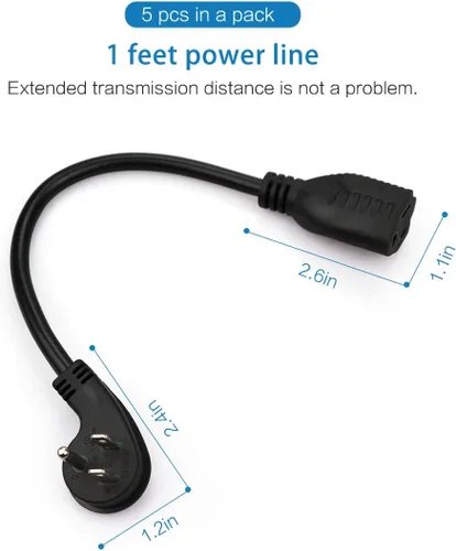 Vista 2 de Cable de extensión corto de enchufe plano, ángulo recto de 3 puntas, 1625 vatios, 16 AWG, 13 amperios 125 voltios, certificación UL, paquete de 5