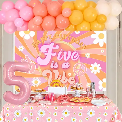 Vista 4 de Cheereveal Five is a Vibe - Decoraciones de fiesta de cumpleaños, Groovy Kit de guirnalda de arco de globos de 5º cumpleaños – Globo de aluminio
