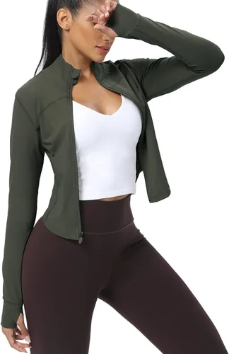 Vista 99 de AVGO Chaquetas de entrenamiento recortadas para mujer, con cremallera, ajustadas, atléticas, con agujeros para el pulgar
