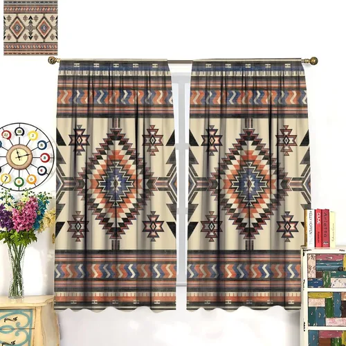 Vista 372 de Cortinas con patrón geométrico tribal, estilo suroeste, azteca, rústico, occidental, nativo americano, opacas, con bolsillo para barra, decoración