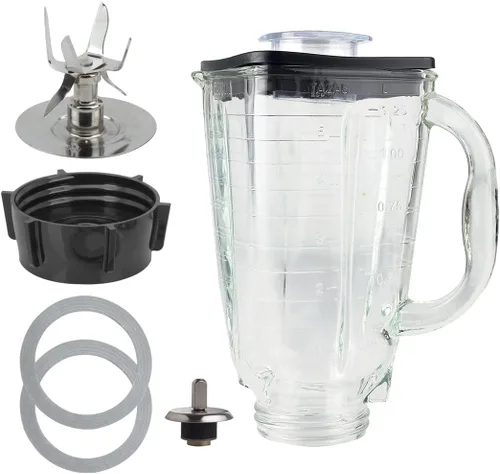 Vista 10 de Juego de 6 tarros de vidrio con tapa cuadrada de 5 tazas con cuchilla Fusion compatible con licuadoras Oster