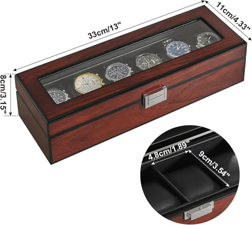 Vista 4 de IBUYKE JWB006H - Caja de reloj con almohada extraíble de 6 ranuras de madera maciza para hombre, organizador de joyas con tapa de cristal grande