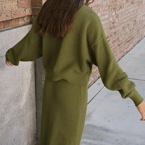 Vista 3 de FAMOORE Long Bathing Suit Bottom Set Outfits Mock Neck Long Sleeve Sweater Knit Maxi Long Skirt Sets Office Outfits for